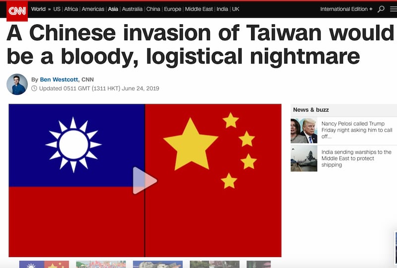 CNN美国有线电视新闻网24号报导引述伊斯顿的说法，中国如果攻台，将面临史上最艰难、最血腥的一场战役。（CNN官网截图）