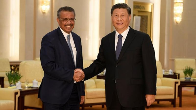 中国领导人习近平2020年1月28日在北京会见世界卫生组织总干事谭德塞(左)(路透社)
