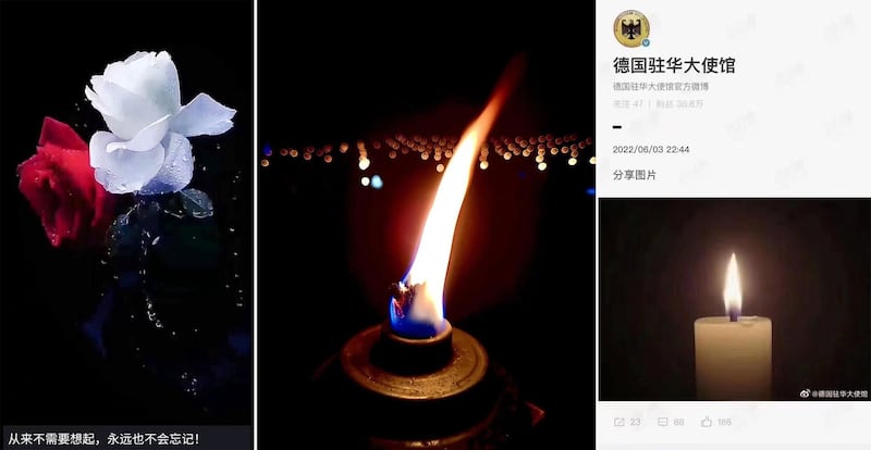 左图:网民在微信群发布的图片,留言:从来不需要想起,永远不会忘记。 中:网民制作的烛光图片,背景密密麻麻的烛光。右图:德国驻华大使馆在官方微博发布一副点亮的白色蜡烛图片。(网络图片)